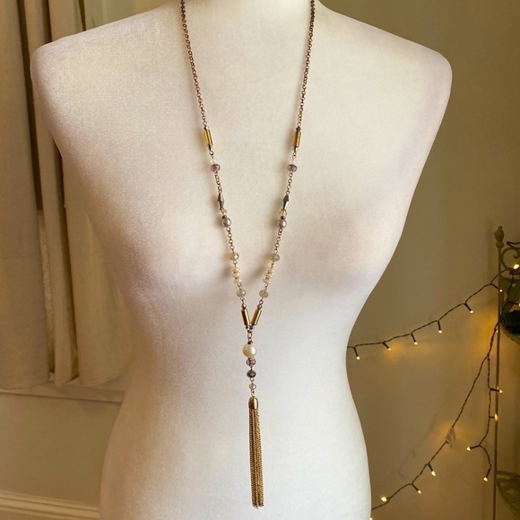 Long Tassel Necklace Faceted Beads Pearls Gold - Picture 1 of 10